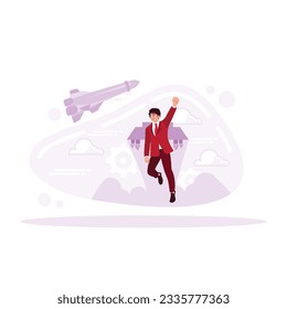 A businessman flies on a jetpack. successful partnership or start up concept, businessman driving rocket, leader pointer direction. Trend Modern vector flat illustration