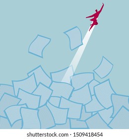Businessman flies out of the file heap. Isolated on blue background.