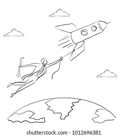 Businessman  flies over the earth on the rocket. Vector illustration in cartoon sketch hand drawn doodle style.