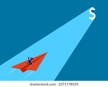 businessman flies a paper plane towards a shining money gate
