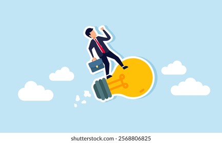 A businessman flies riding a lamp through the sky, illustration of increasing creativity in generating ideas and innovations relevant to business advancement