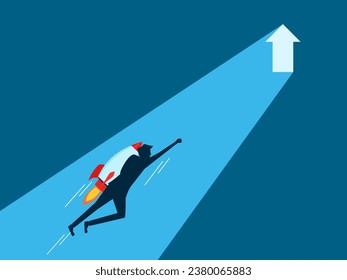 businessman flies in a rocket heading towards the gate with glowing arrows
