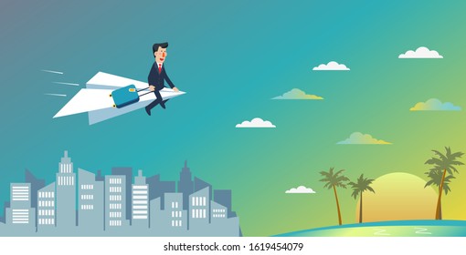 Businessman flies towards the beach on a paper plane. Business people vacation concept. Holidays time, recreation and travel vector design