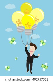 businessman float in the air by idea light bulb balloon. many flying money bill around him. success in business.