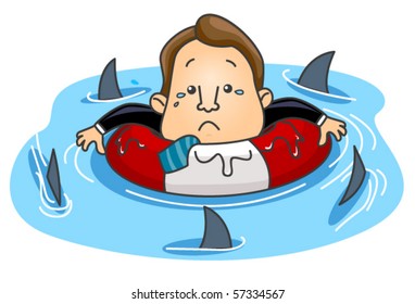 Businessman floating among sharks - Vector