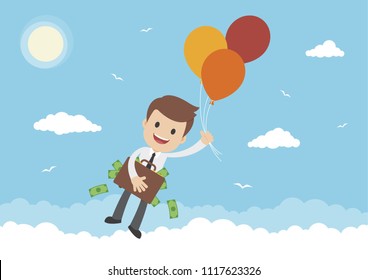 A businessman floating away by balloons with briefcase full of money