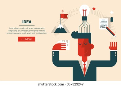 Businessman with floating elements in innovation creative idea concept, flat design for landing page website or print material