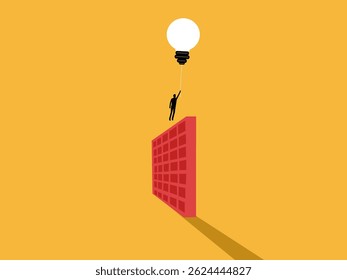 Businessman Floating with Light Bulb Balloons Over the Wall Obstacle