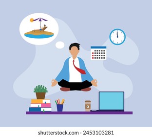 Businessman floating meditating with laptop and in the office flat vector illustration