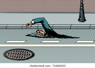 Businessman floating on the road like a river. Pop art retro vector illustration