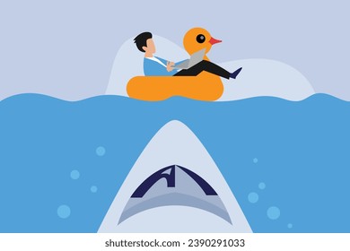 Businessman floating in water on a rubber duck with shark underneath