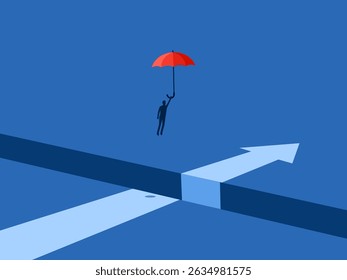 businessman floats across a gap and is guided by an arrow
