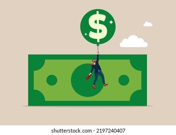 Businessman floats with air balloons. The product has increased in value.  Inflation causes prices to skyrocket. The currency is strengthening. Vector illustration.