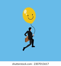 Businessman floats in the sky and holding yellow balloon with smile isometric 3d vector illustration concept for banner, website, illustration, landing page, flyer, etc.