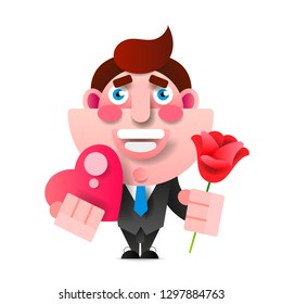 Businessman With Flowers And Gift. Happy Birthday, Valentine s Day. Vector Illustration In Paper Style.