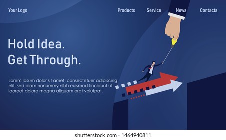 Businessman fly away hand help to jump the gap. Business Landing Page Template.