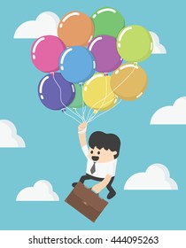 Businessman fly up away high on balloon. Young successful businessman flies on colorful balloon
