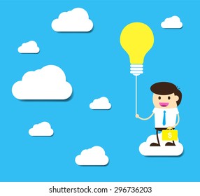 businessman fly with balloon to success way vector .Bulb idea balloon. winner. finish. win. flat design.