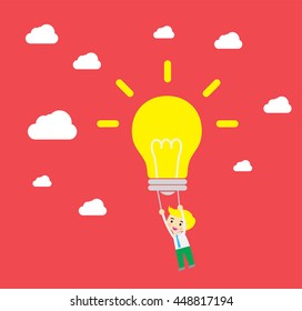 businessman fly with balloon to success way vector .Bulb idea balloon. winner. finish. win. flat design.