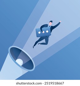 Businessman fly from giant loudspeaker with speech bubble, public relations. Business motivation speech, pep talk. Big symbol of quote, message. PR manager doing announcement. flat vector illustration