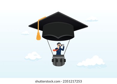 Businessman fly graduation mortar hat balloon see future vision, education or knowledge to growth career path, working skill to success in work, learn or study new course for business success (Vector)