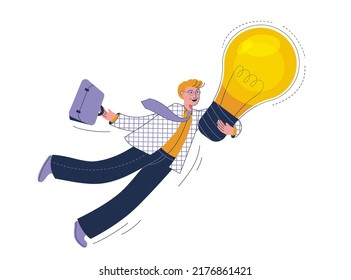 Businessman Fly With Lightbulb Idea. Big New Idea, Creativity And Innovation To Change Or Invent New Product, Solution To Solve Problem. Vector Illustration