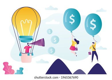 Businessman fly on idea lightbulb and searching sponsor to finance startup. Various investors flying on big money balloons. Business development, crowdfunding. Startup Fundraising. Vector illustration
