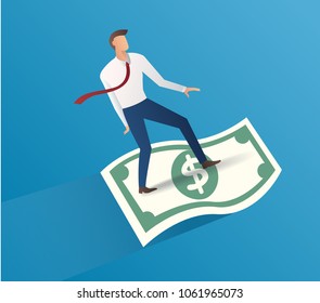 businessman fly on money bills vector illustration. 