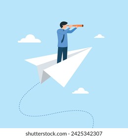 Un hombre de negocios vuela en un avión de papel. Concepto de ilustración de investigación empresarial