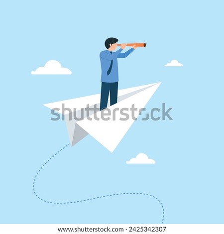 Businessman fly on paper plane. Business research illustration concept