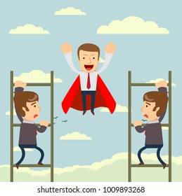 Businessman fly over the another one to the sky high for successful. Stock flat vector illustration.