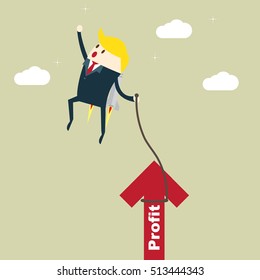 Businessman fly up and pull a growing arrow to success. Business Growth Concept ,creativity design vector.