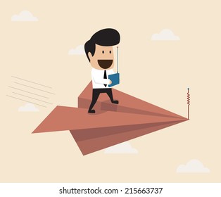 Businessman fly with remote control paper plane