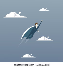 Businessman Fly Wear Hero Cape Success Concept Flat Vector Illustration