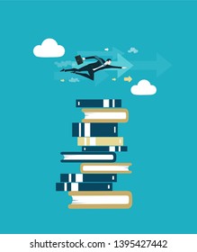 Businessman flying above the pile of books represents knowledge, owning the data and technological progress. Business concept illustration 