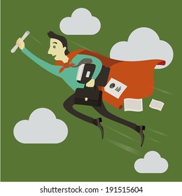 A businessman flying ahead, in whose hands is a briefcase.