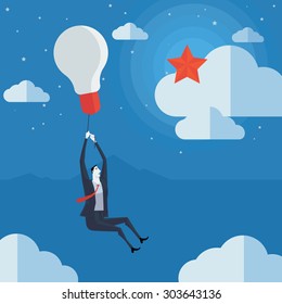 Businessman flying in air balloon with light bulb see the stars. Vector Illustration Business concept a ladder Corporate of success.