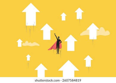 Businessman flying up with arrow. concept of growth, growing to success, winning or rising employee, skill to victory or development to achieve success, trend, performance or motivation