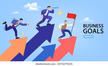 Businessman flying and arrows. Great start, career boost or fast business growth metaphorical. looking to the future. Concept business vector illustration.