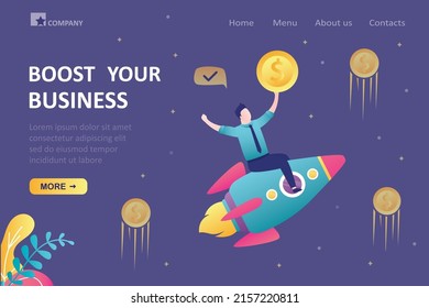 Businessman flying astride rocket with gold coin. Entrepreneur increased productivity with innovative technology. Concept of business boost and profit increase. Landing page. Flat vector illustration