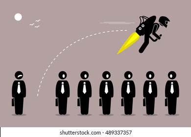 Businessman flying away with a jetpack from his colleague. Vector artwork depicts career breakthrough, development, boost, improvement, and rise.