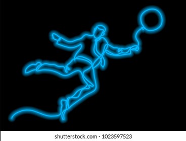 businessman flying with balloon - single line drawing with neon vector effect