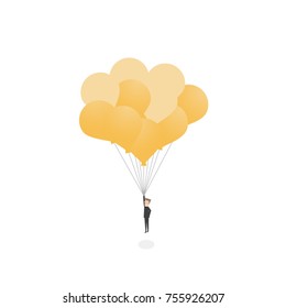 Businessman flying with balloons to get out the old idea and find the new solutions. Business concept of creativity, success, challenge and opportunity.