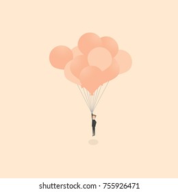 Businessman flying with balloons to get out the old idea and find the new solutions. Business concept of creativity, success, challenge and opportunity.