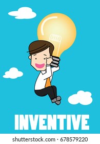 businessman flying with balloons idea bulbs. Funny vector concept.