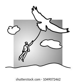 businessman flying with bird or eagle vector illustration doodle sketch hand drawn with black lines isolated on gray background.freedom concept. 