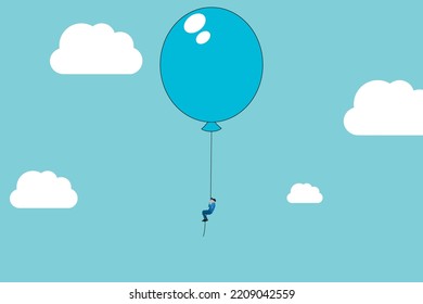 businessman flying with blue balloon. concept of Business growth and improvement, target high profit, career, stock market and success