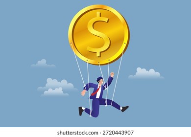 Hombre de negocios que vuela en el cielo azul usando la moneda grande del dólar del oro como paracaídas. Ilustración vectorial plana para concepto de paracaídas dorado, red de seguridad financiera y protección de seguros comerciales.