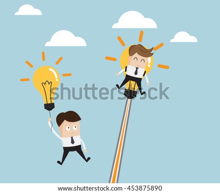 businessman flying with bulb idea balloon and rocket, business concept cartoon vector illustration