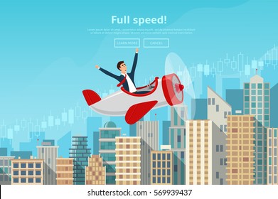 Businessman flying by the airplane on career stairs. Concept of web banner with person flying on plane to the success. Modern flat design of urban landscape with city buildings. Vector illustration.